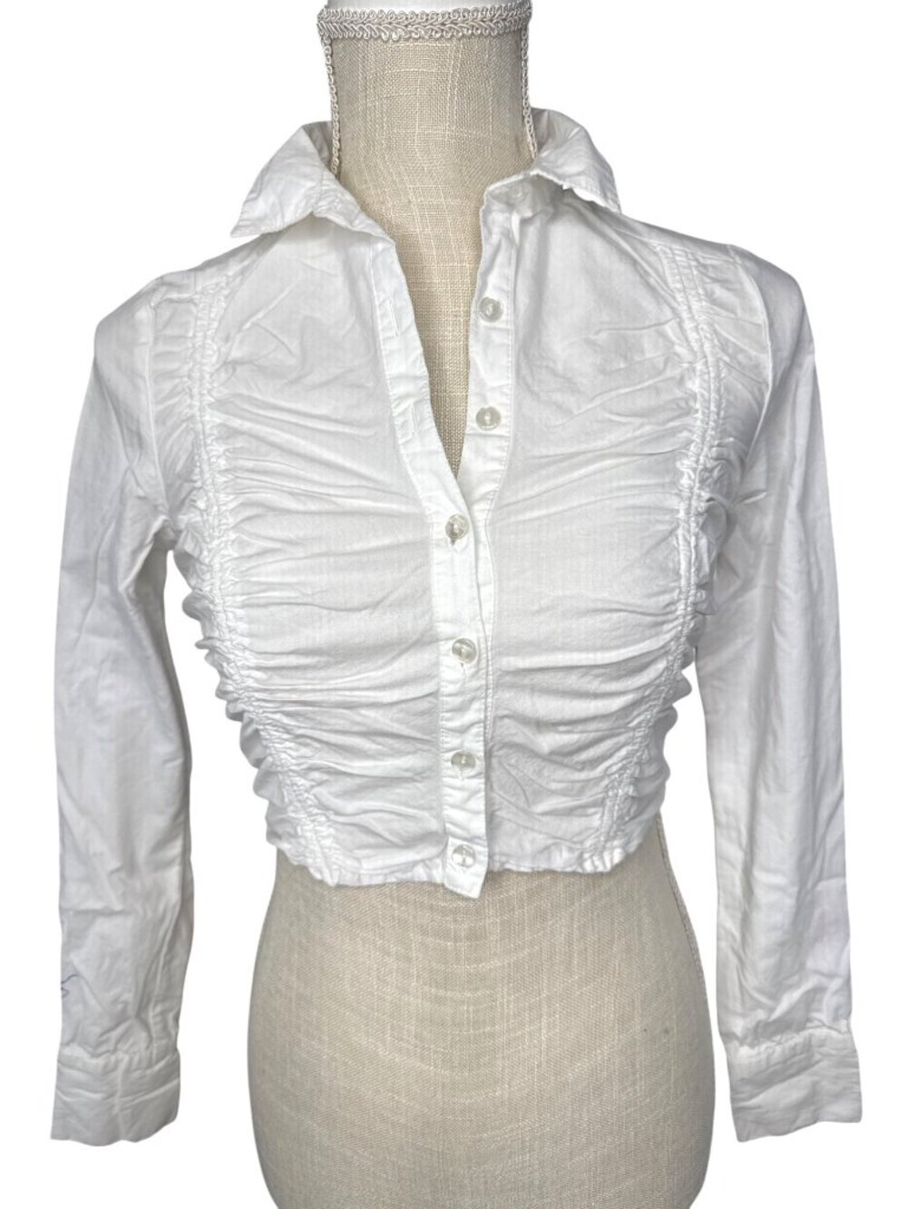 Urban Outfitters White Ruched Long Sleeve Button-Up Crop Shirt XS